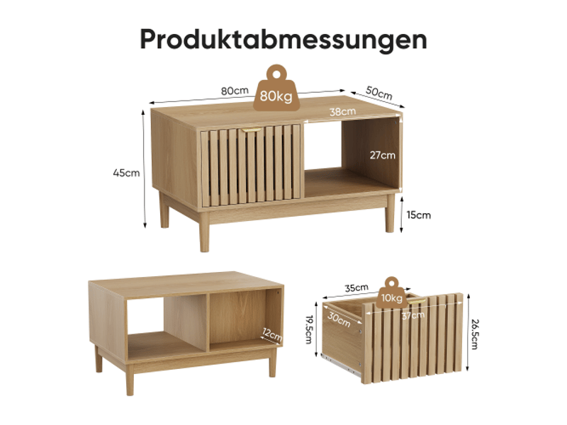  Table basse 80 cm mi-siècle moderne - cadre treillis, tiroir, étagères ouvertes, pieds en chêne massif  - Conforama C