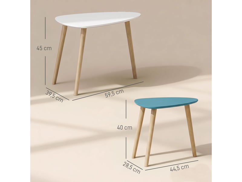  Lot de 2 tables basses gigognes design pieds scandinave en bois et plateau en bois, blanc et bleu  - Conforama C