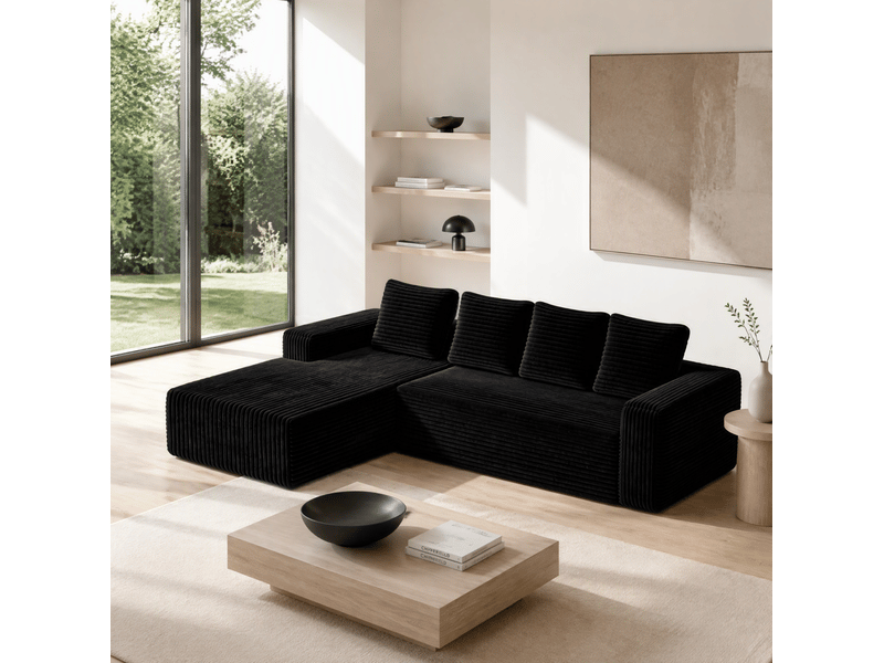 Canapé modulaire avec méridienne réversible, assise moelleuse et sans montage en velours côtelé noir - Conforama B