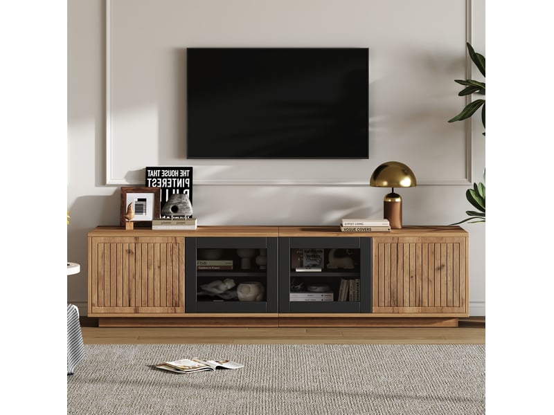  Meuble tv 180x40x45 cm 4 portes (2 vitrées) led pilotable appli 3 niveaux cap. 30 kg panneaux particules naturel et noir  - Conforama R