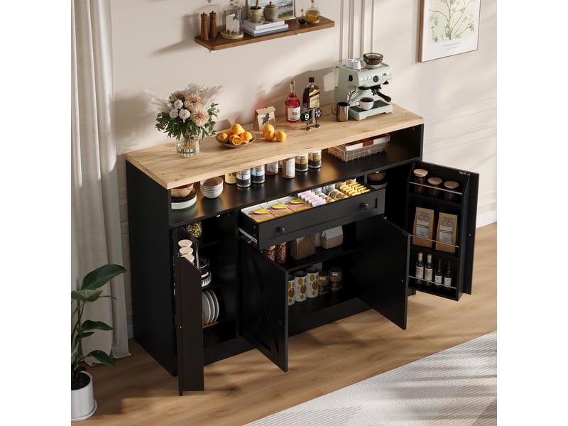  Buffet de cuisine 140x35x95cm avec éclairage led, 1 tiroir, rangements de porte et 4 portes style grange, meuble de rangement, noir evarich - Conforama E