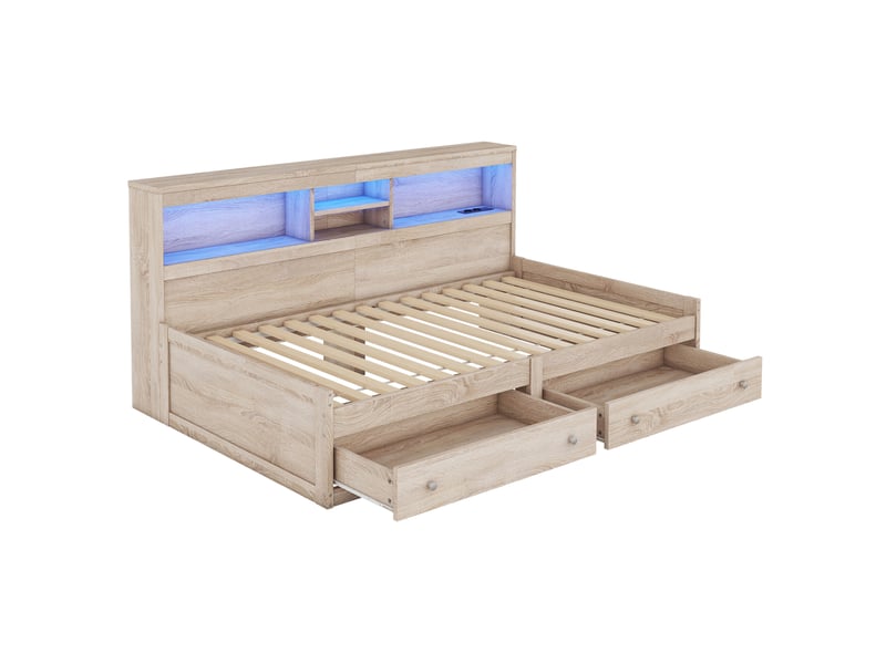  Lit banquette naturel 90x200 cm, 2 tiroirs, led, 2 usb et 2 prises intégrées  - Conforama E