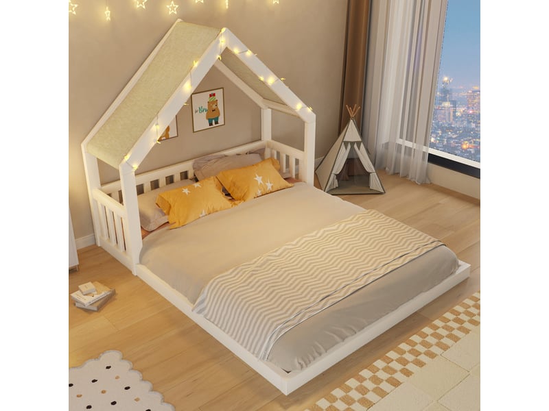  Lit cabane enfant en bois 140 x 200 cm - toit en tissu et guirlande lumineuse inclus - mdf et pin - blanc (matelas non inclus)  - Conforama B