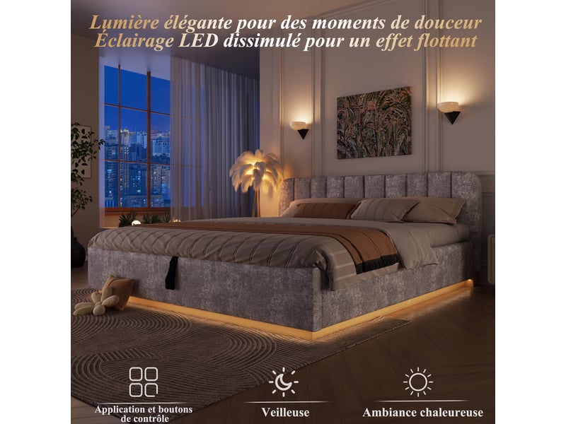 Lit coffre 180x200 cm gris clair, tissu chenille, sommier relevable hydraulique, led contrôlée par appli, sommier à lattes inclus - Conforama D
