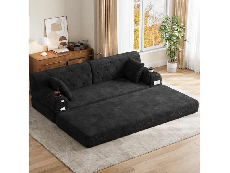  Canapé convertible compressé 3 places en velours côtelé noir, 4 poches et 2 porte-gobelets  - Conforama B