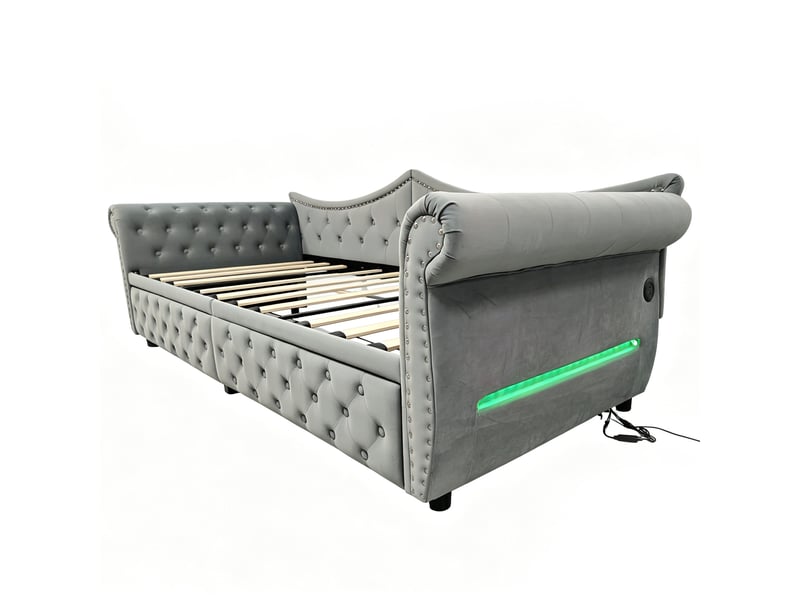  Lit banquette 90 x 200 cm avec 2 tiroirs, led et usb, canapé-lit rembourré en velours gris avec clous décoratifs et sommier à lattes pour salon  - Conforama A