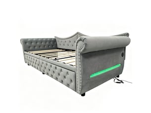 Lit banquette 90 x 200 cm avec 2 tiroirs, led et usb, canapé-lit rembourré en velours gris avec clous décoratifs et sommier à lattes pour salon