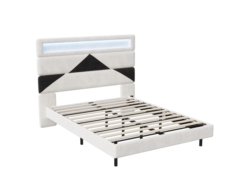  Lit 160x200cm - lit double 160x200 - avec tête de lit modulable géométrique en velours, led rvb, usb et ue - beige  - Conforama A