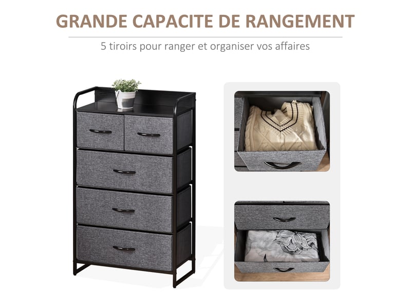  Commode meuble de rangement 5 tiroirs pliables en tissu 58 x 29 x 99 cm gris  - Conforama D