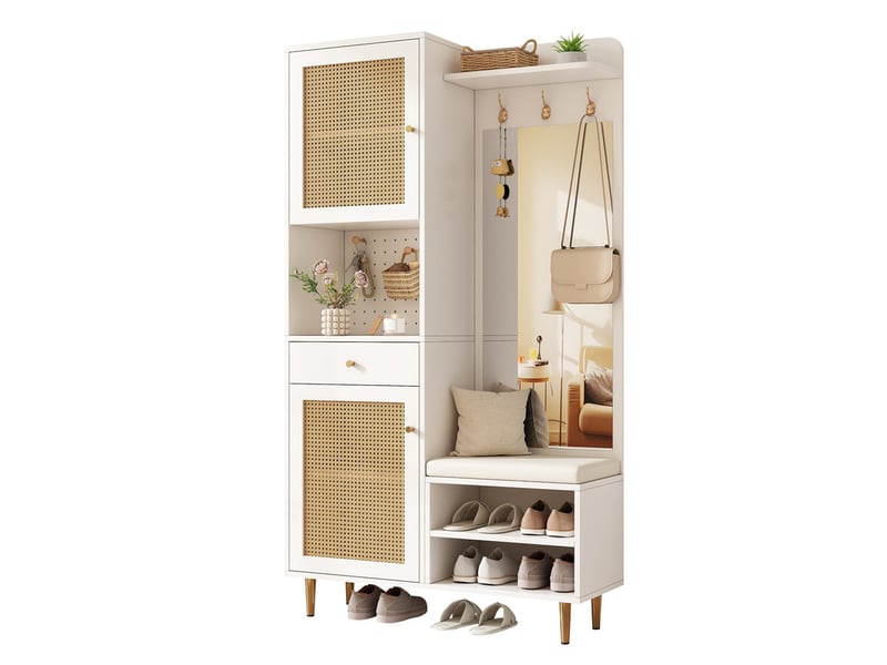  Meuble à chaussures, commode à 2 portes en rotin, 1 tiroir, rack ouvert et panneau perforé, pieds en fer, pour entrée et couloir, 99 x 35 x 180 cm  - Conforama A