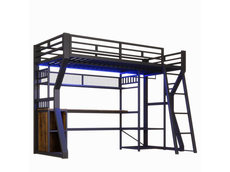  Lit mezzanine noir 90 × 200 cm en métal, bureau, prise, penderie et rangements  - Conforama D