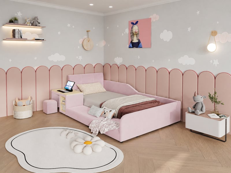 Lit enfant rembourré avec bureau et tabouret - 90x200cm - tablette, niches et tête de lit rembourrée - avec sommier à lattes - rose - Conforama B