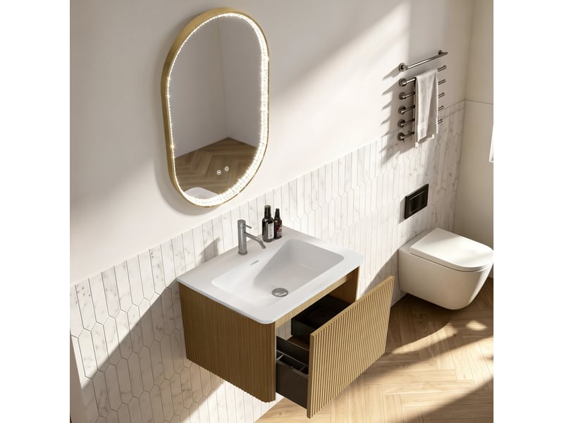 Meuble de salle de bains suspendu 61 cm avec vasque intégrée et miroir led anti-buée 50 x 80 cm, bois clair - Conforama E