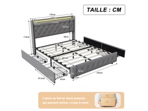 Lit double 140 x 200 cm gris – velours moelleux, tête de lit avec étagère & veilleuse led, ports usbtype-c & 4 tiroirs