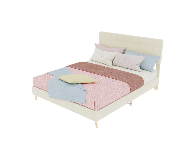  Lit double 140 x 200 cm en velours beige avec tête de lit capitonnée à carreaux  - Conforama A