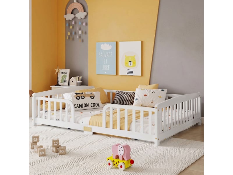  Lit au sol enfant 140x200 avec barrière de sécurité bois de pin accès central blanc  - Conforama C