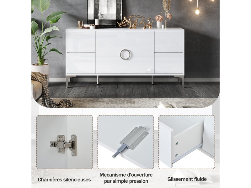  Buffet blanc brillant 150 cm en mdf, 4 tiroirs sans poignées, 2 portes et pieds en métal, meuble bas pour salon et salle à manger  - Conforama R