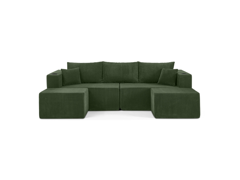  Canapé d’angle modulable 3 places vert en velours côtelé, l avec poufs mobiles et coussins  - Conforama A