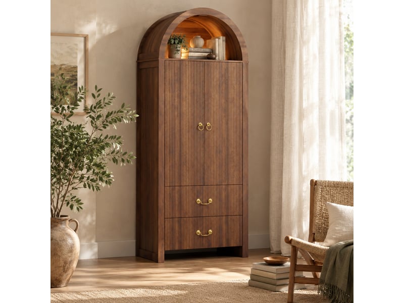  Buffet haut tcqpz 76 x 38 x 180 cm led réglable par application 2 portes 2 tiroirs mdf panneaux de particules noyer  - Conforama C