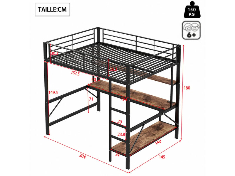  Lit mezzanine enfant 140 x 200 cm avec bureau et étagères, structure en métal et mdf noir  - Conforama C