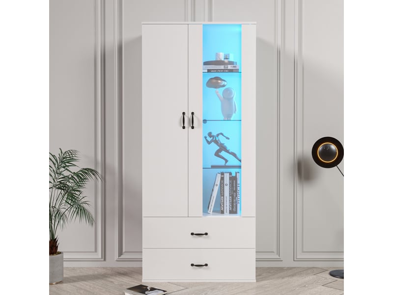 Vitrine 2 portes avec led bluetooth et 2 tiroirs - lpospi - 5 niveaux, verre et acrylique, blanc 59,5 × 35 × 182 cm - Conforama C