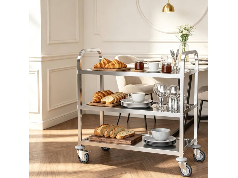 Desserte à 3 niveaux en acier chromé avec roulettes et 2 freins  - Conforama E