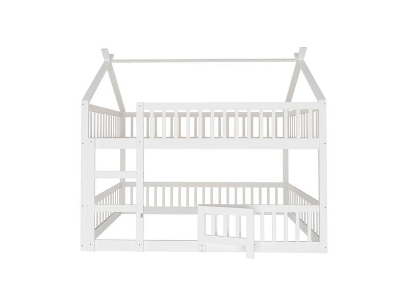  Lit superposé enfant 140x200cm - design cabane - lit superposé - cadre bois massif, escalier sécurisé, petite porte, blanc  - Conforama E