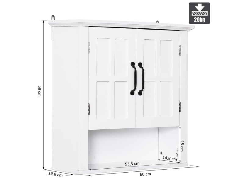 Armoire murale salle de bain 60 x 20 x 58 cm, blanche, 2 portes, étagères réglables et niche  - Conforama E
