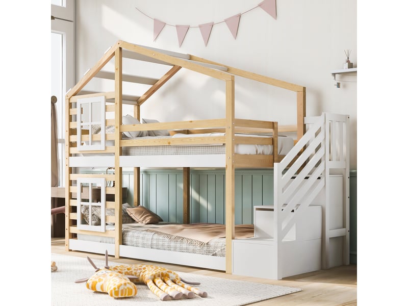  Lit superposé enfant 90 × 200 cm 2 places avec rangements, barrières de sécurité, sans matelas, naturel et blanc  - Conforama B