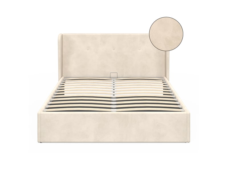Lit coffre double orea avec tête de lit enveloppante et sommier 140 x 190 cm velours beige  - Conforama C