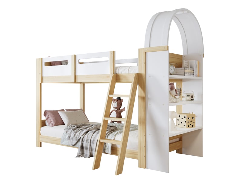 Modenvie lit superposé enfant 90x200 cm - avec étagère 3 niveaux et échelle 3 marches, sans matelas - blanc et naturel  - Conforama A