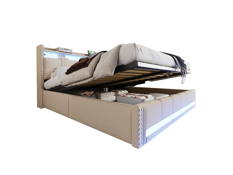  Lit double coffre 180 x 200 cm beige avec led, prise usb et tête de lit à étagères  - Conforama A