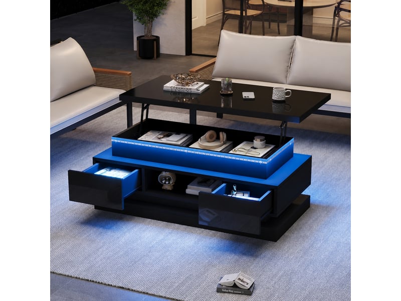  Table basse relevable 100 x 50 cm, 2 tiroirs, rangement caché et éclairage led, noir  - Conforama C