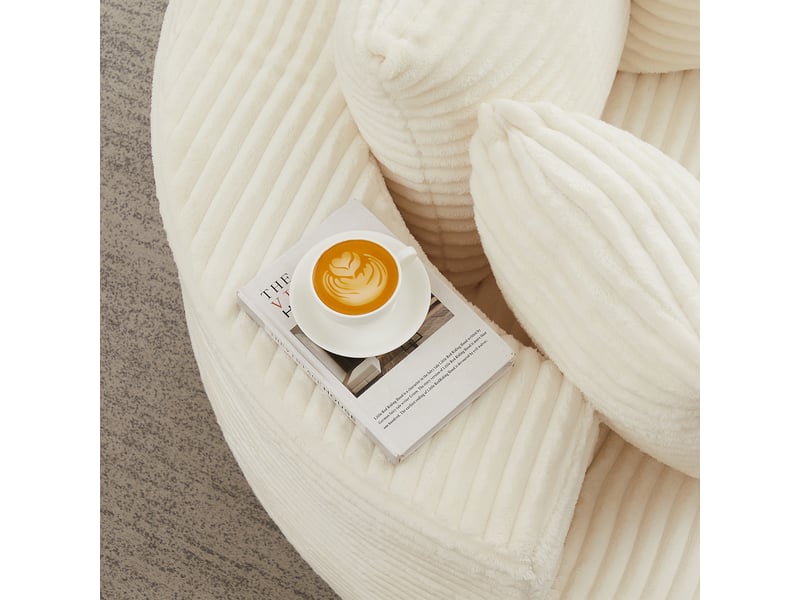  Fauteuil rond une place de 110 cm en velours côtelé beige, fauteuil lounge avec trois coussins, accoudoirs larges et design moderne  - Conforama E