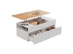 Table basse relevable 100x50 cm avec rangement caché, 2 tiroirs, bois et blanc