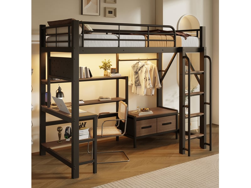  Lit mezzanine enfant 90 x 200 cm avec bureau, rangements, led et usb noir  - Conforama B