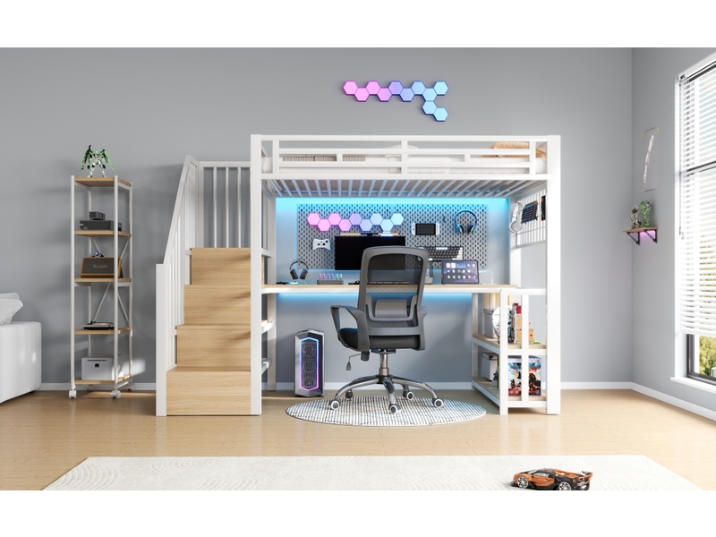  Lit superposé 90x200 cm blanc métal mdf avec étagère filet suspendu ruban led bureau escalier de rangement 2 ports usb et 1 port type-c sans matelas Sol Morn - Conforama D