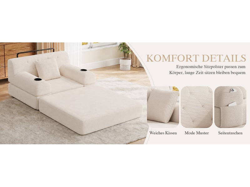  Canapé droit 1 place beige en velours côtelé avec haut dossier et rangement latéral intégré pour salon moderne  - Conforama D