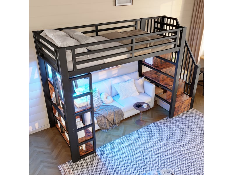Lit mezzanine 90 x 200 cm rangement multi-niveaux marches garde-corps led multicolore cadre acier mdf noir sans matelas - Conforama D