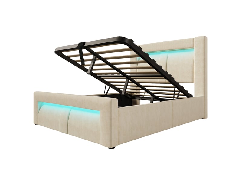  Lit coffre, lit enfant 90x200 cm, rangement hydraulique, led, usbusb-c, tête de lit incurvée, matelas inclus, velours beige  - Conforama B