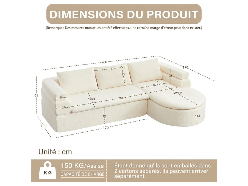  Canapé d'angle avec méridienne en chenille 3 places beige crème - dossier épais et forme arrondie  - Conforama C