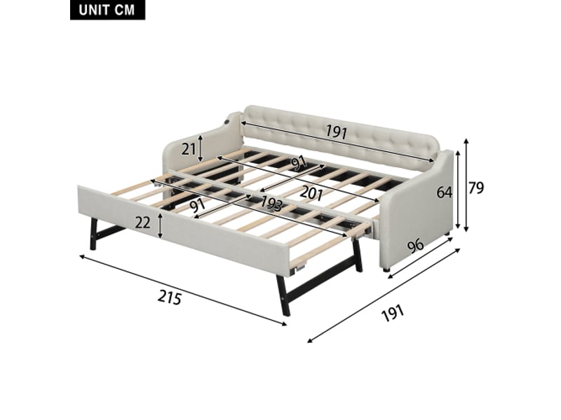  Lit gigogne 90x200 cm, avec lit escamotable et port usb, en tissu, beige, sans matelas  - Conforama D