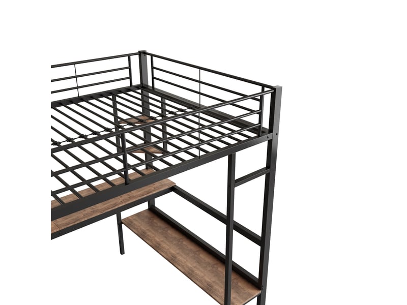  Lit mezzanine 90x200 cm avec étagères, structure acier, sommier, protection, métal + mdf, noir, sans matelas  - Conforama E