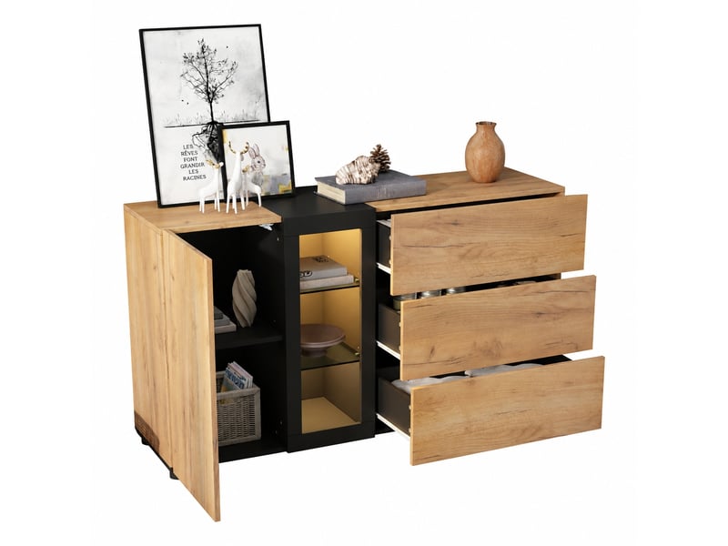  Buffet moderne 140 cm avec trois tiroirs, porte et led contrôlées par application, noir et marron  - Conforama A