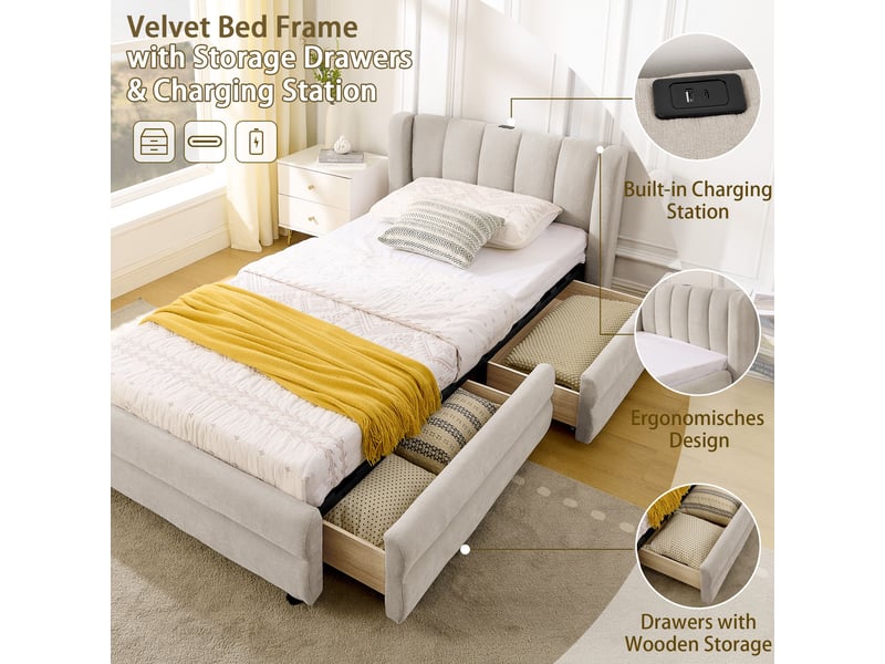  Lit enfant 90x200 cm avec tiroirs de rangement et port usb-tête de lit rembourrée en chenille-sommier à lattes-beige  - Conforama D