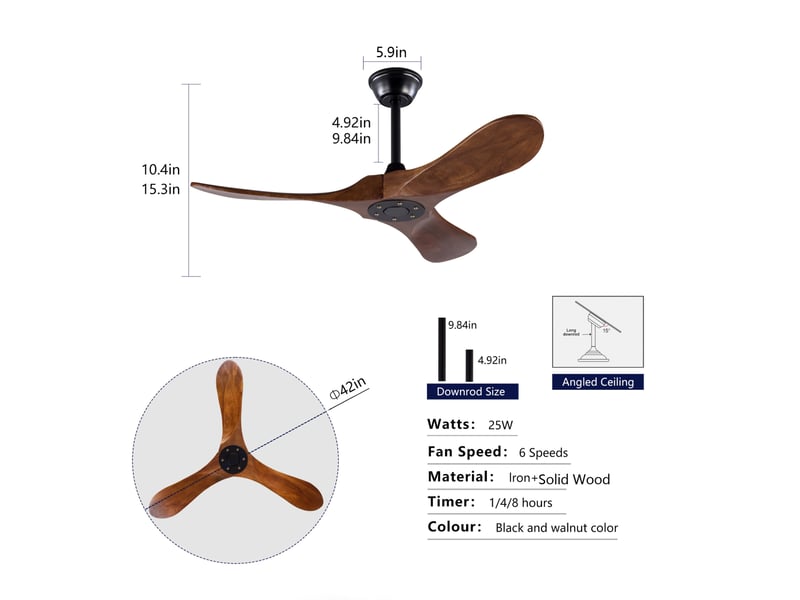  Ventilateur de plafond 107x107x32 cm à 3 pales bois et métal noir et noyer foncé  - Conforama E