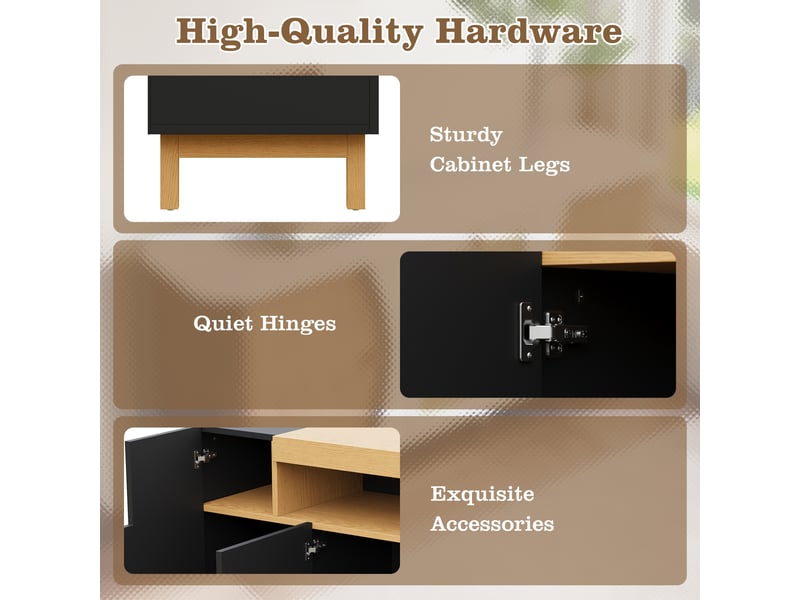  Buffet noir 120.5x42x96 cm meuble bas 3 portes avec compartiment central ouvert  - Conforama R