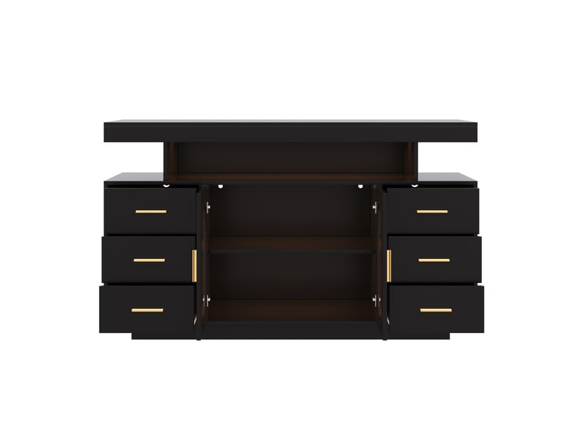  Buffet bar à vin 140 x 40 x 82 cm – noir – led rgb, 6 tiroirs, 2 portes vitrées et étagère ouverte  - Conforama D