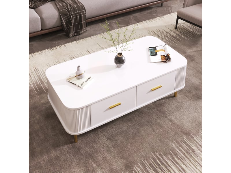  Table basse avec 4 tiroirs, coins arrondis et côtés ondulés, en mdf, blanc et or, 105 × 51 × 38 cm - uvrion  - Conforama D