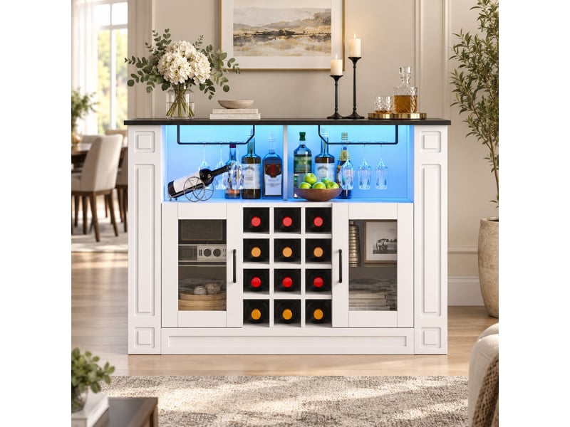  Meuble bar 120x35x84 cm buffet avec led rgb, porte-verres, 3 tiroirs, casier à bouteilles amovible et portes vitrées, blanc  - Conforama E